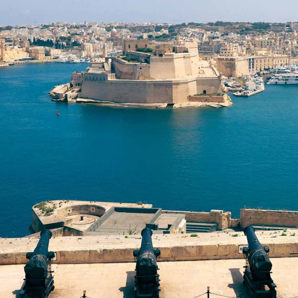Fort St. Angelo viewed from upper Barrack Gardens in Valletta.